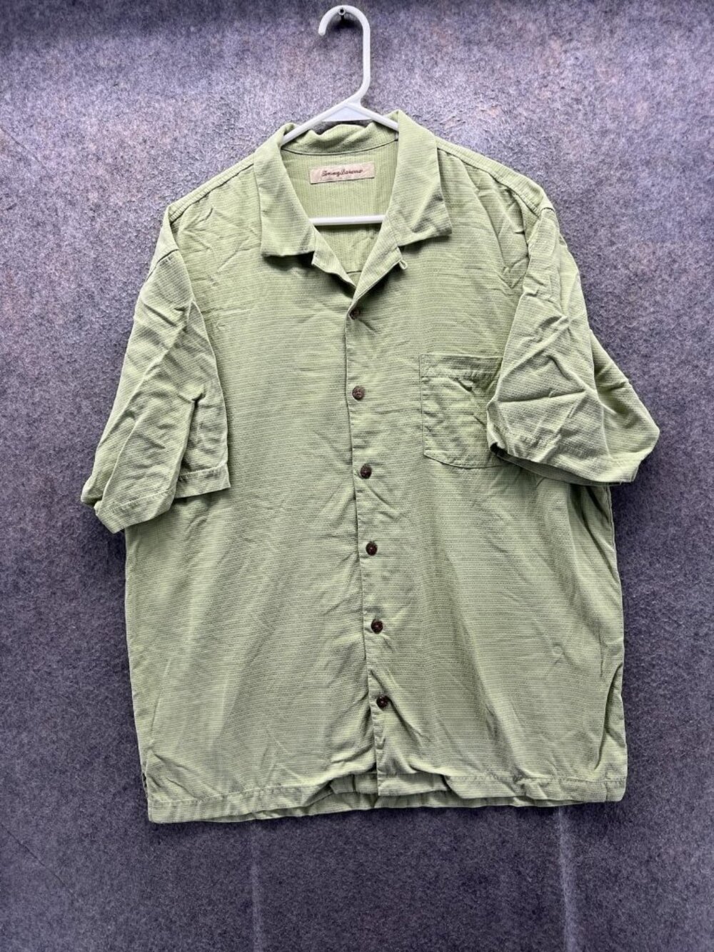 Tommy Bahama Shirt Men Large Green Solid Short Sleeve Button Up Silk Pocket